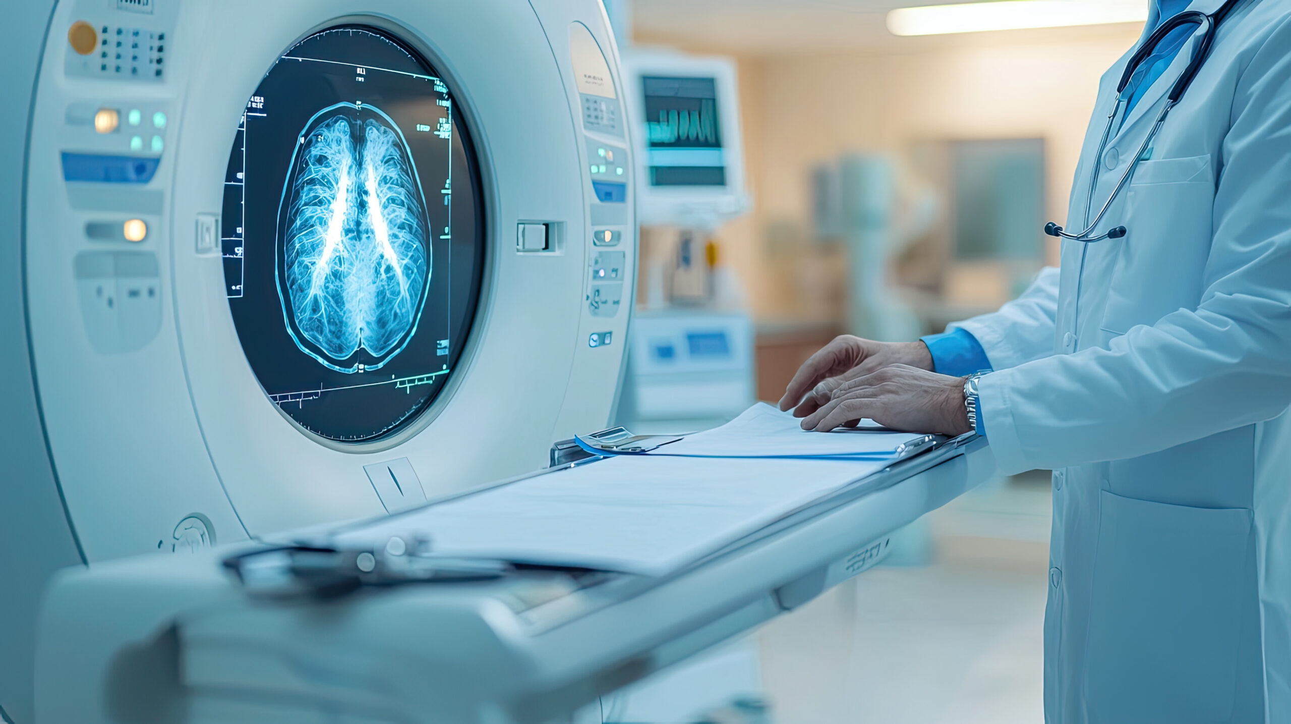 A doctor using medical imaging equipment to diagnose patient